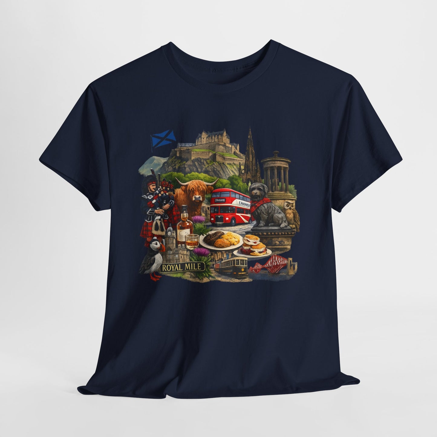 Scotland / Edinburgh Travel Collage T-Shirt — Edinburgh Castle, Bagpipes & Local Icons