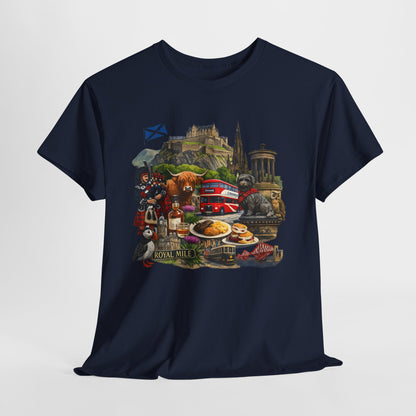 Scotland / Edinburgh Travel Collage T-Shirt — Edinburgh Castle, Bagpipes & Local Icons