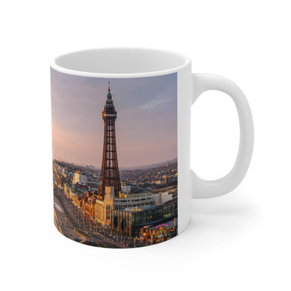 Blackpool Sunset Pier Ceramic Coffee Mug — Coastal Seaside Sunrise Photo, 11oz & 15oz