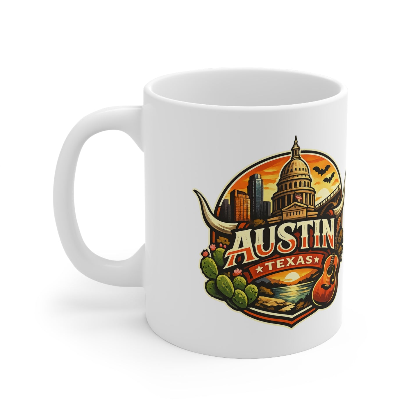 Austin Texas Coffee Mug — Vintage Capitol & Guitar Ceramic Mug (11oz/15oz)