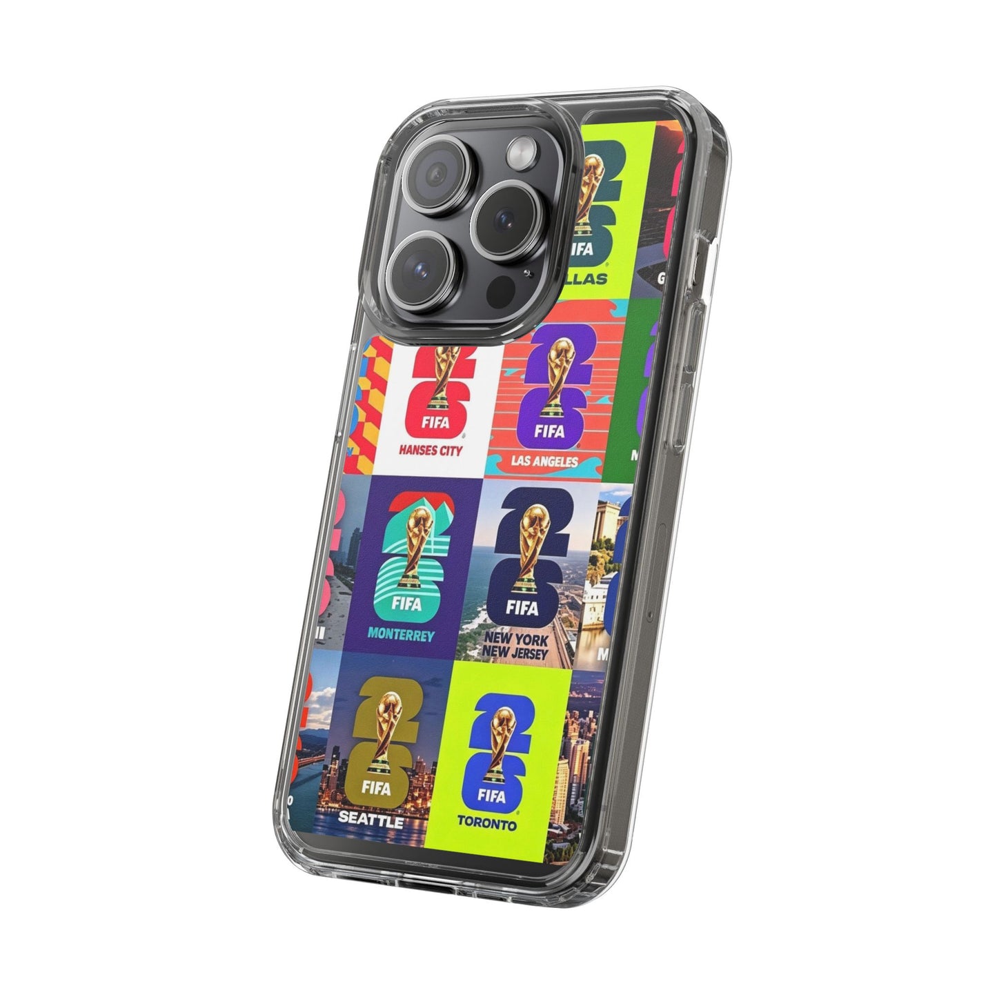 FIFA World Cup Pop Art Clear Phone Case — City Badge Collage (Dallas, LA, Monterrey, Toronto, Seattle)