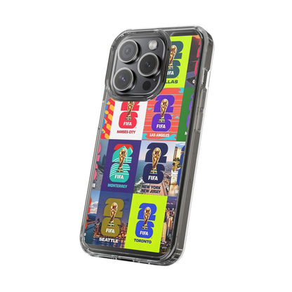 FIFA World Cup Pop Art Clear Phone Case — City Badge Collage (Dallas, LA, Monterrey, Toronto, Seattle)