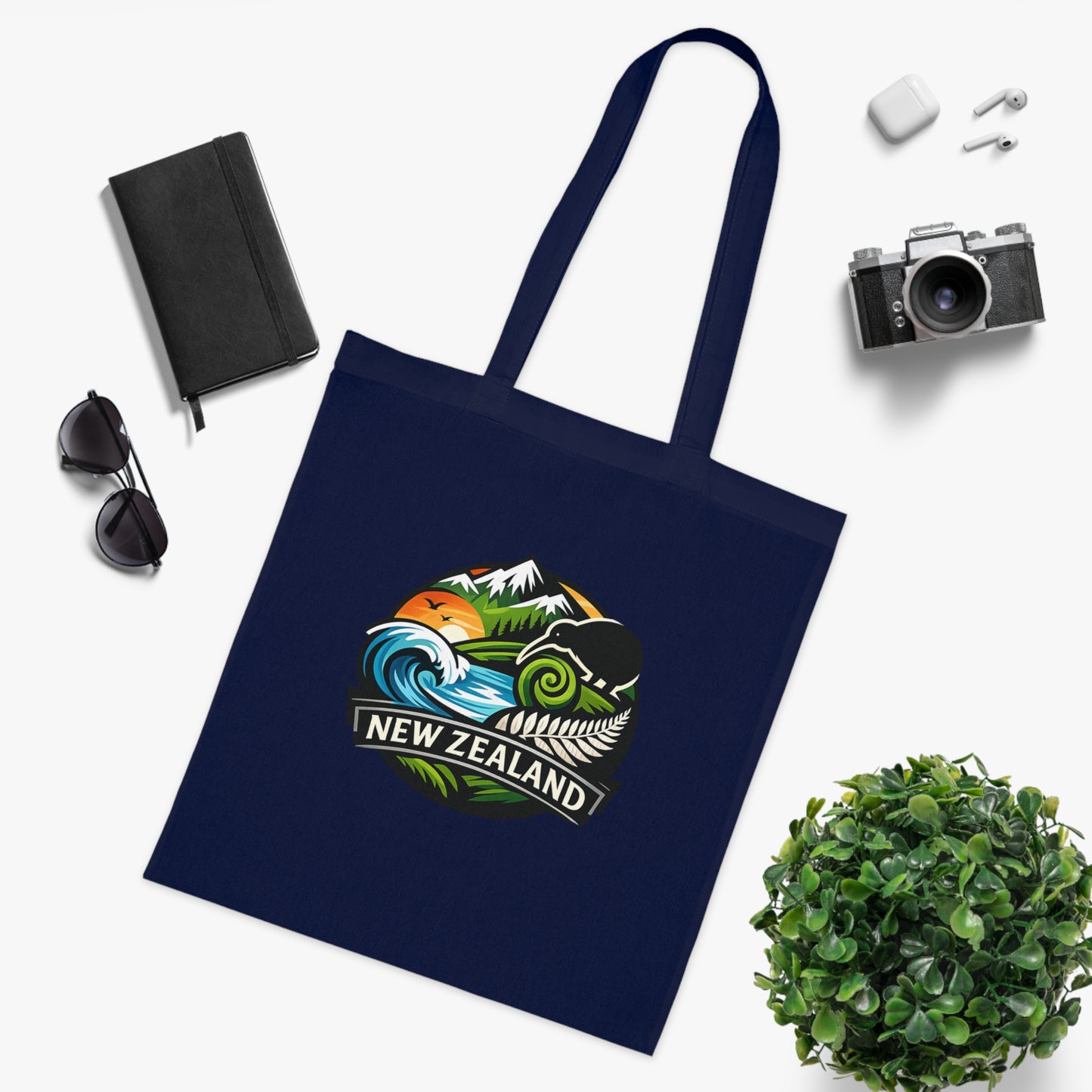 New Zealand Scenic Tote Bag — Kiwi, Fern & Mountain Cotton Shopper