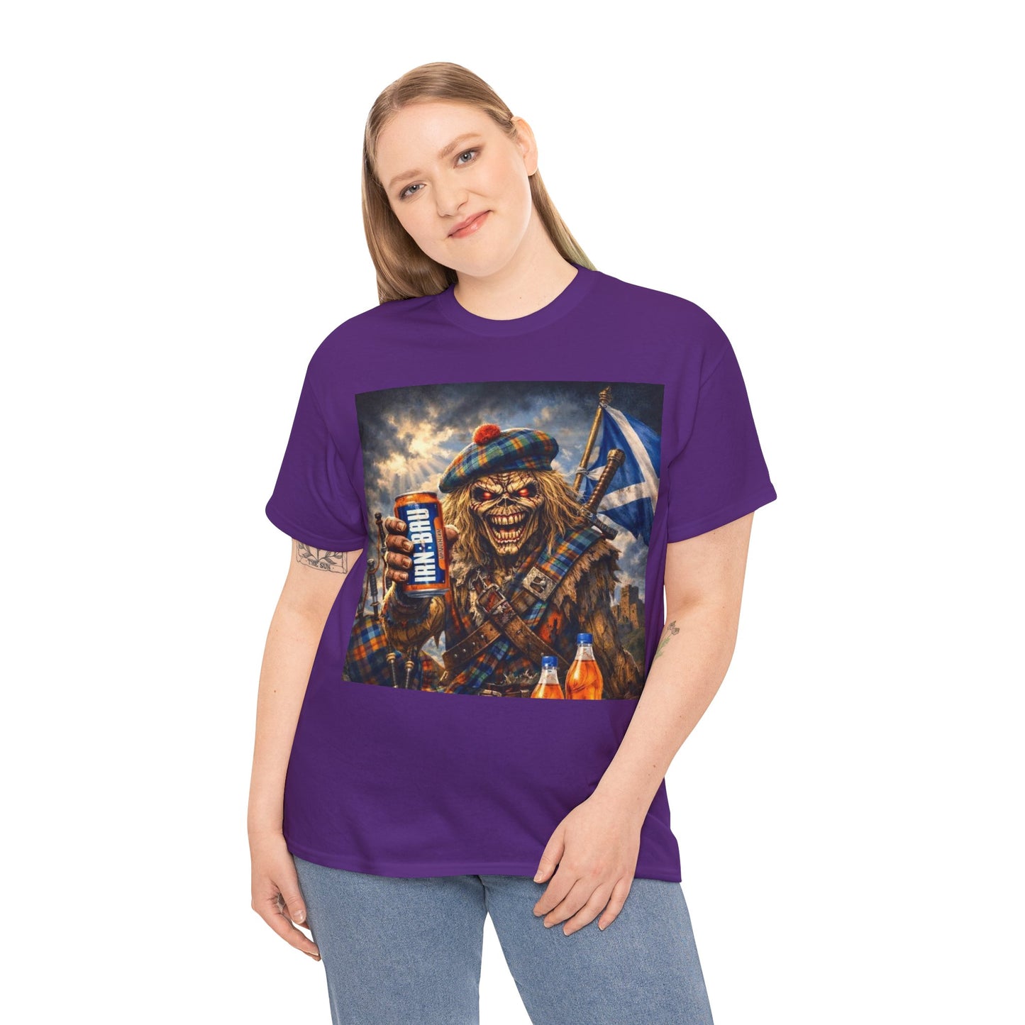 Scottish Rock Skull T‑Shirt — Eddie the Piper with Flag & Can Graphic Tee