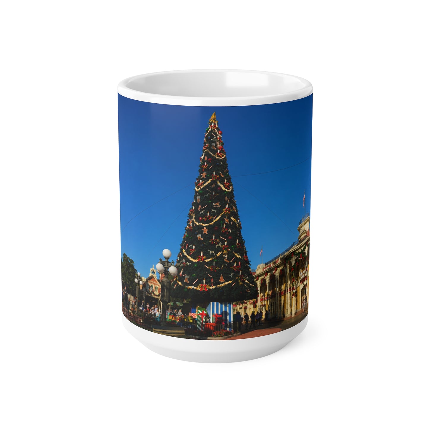 Magic Kingdom Town Square Christmas Mug — Festive Tree & Main Street Ceramic Coffee Cup (11oz, 15oz)