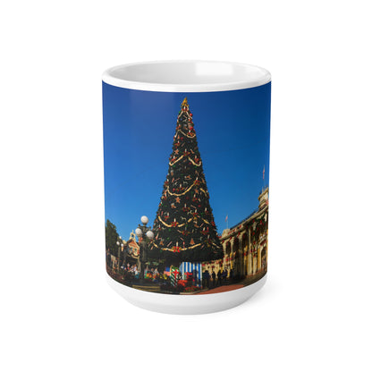 Magic Kingdom Town Square Christmas Mug — Festive Tree & Main Street Ceramic Coffee Cup (11oz, 15oz)