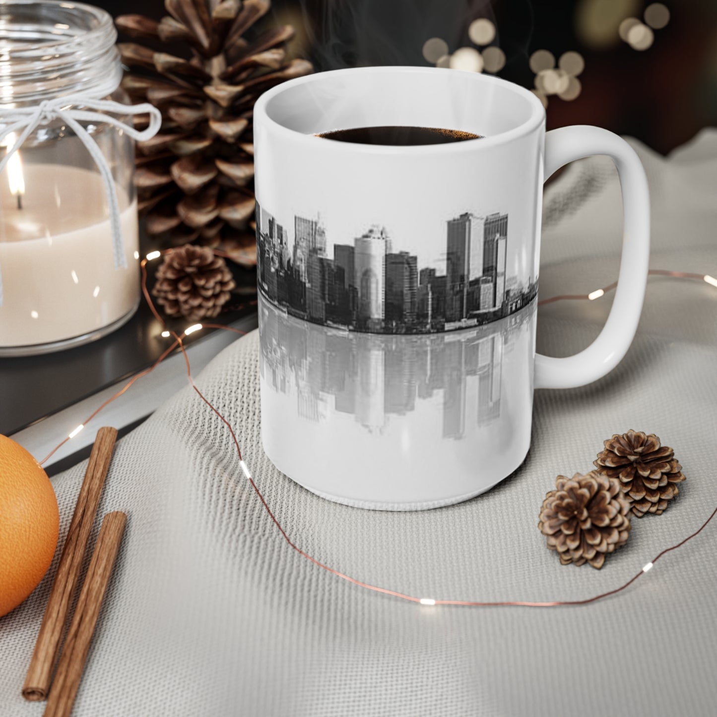 City Skyline Coffee Mug — Black & White Reflective New York Skyline, 11oz/15oz Ceramic