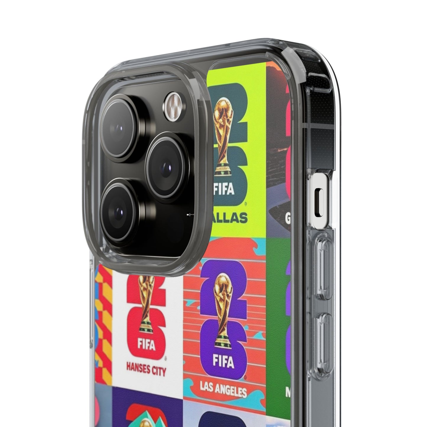 FIFA World Cup Pop Art Clear Phone Case — City Badge Collage (Dallas, LA, Monterrey, Toronto, Seattle)