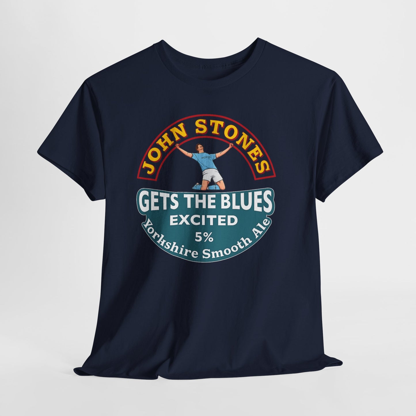 John Stones T-Shirt — "Gets The Blues Excited" Retro Ale Parody Tee