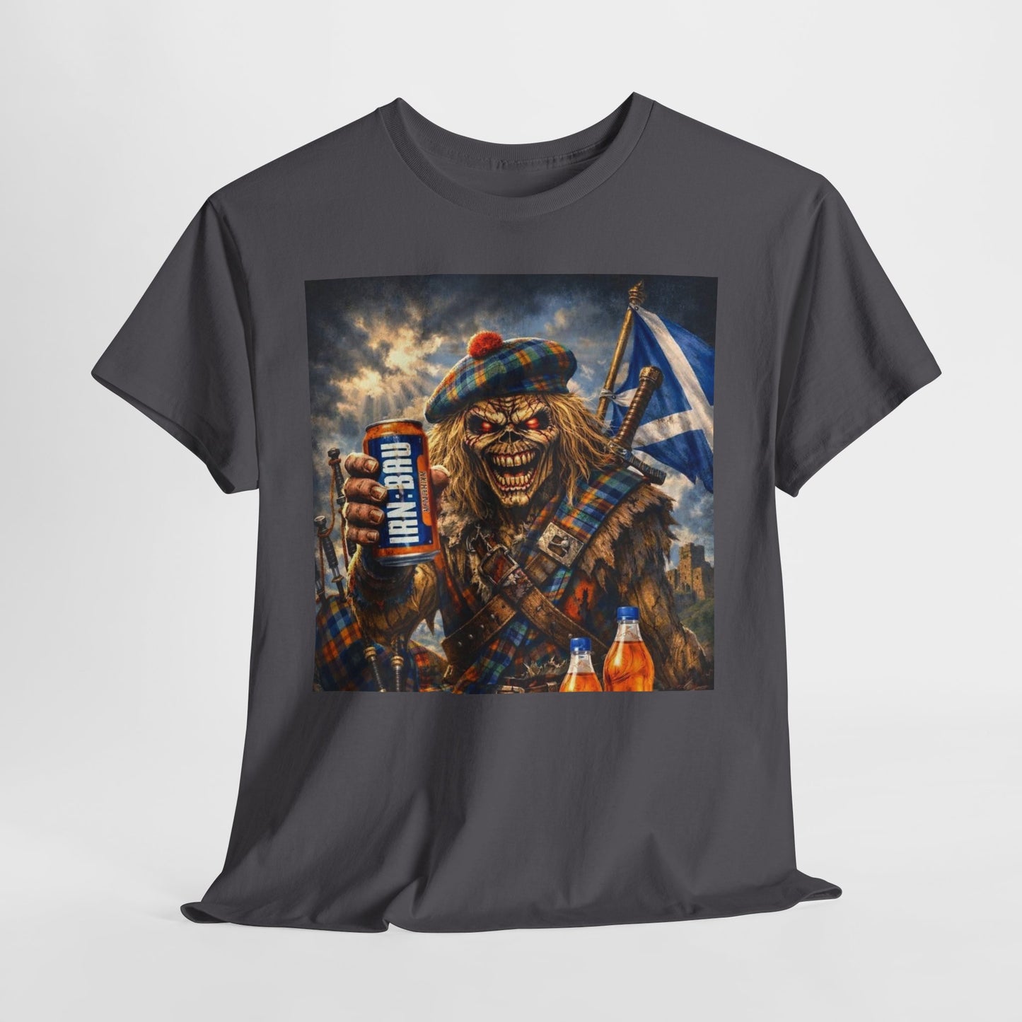 Scottish Rock Skull T‑Shirt — Eddie the Piper with Flag & Can Graphic Tee