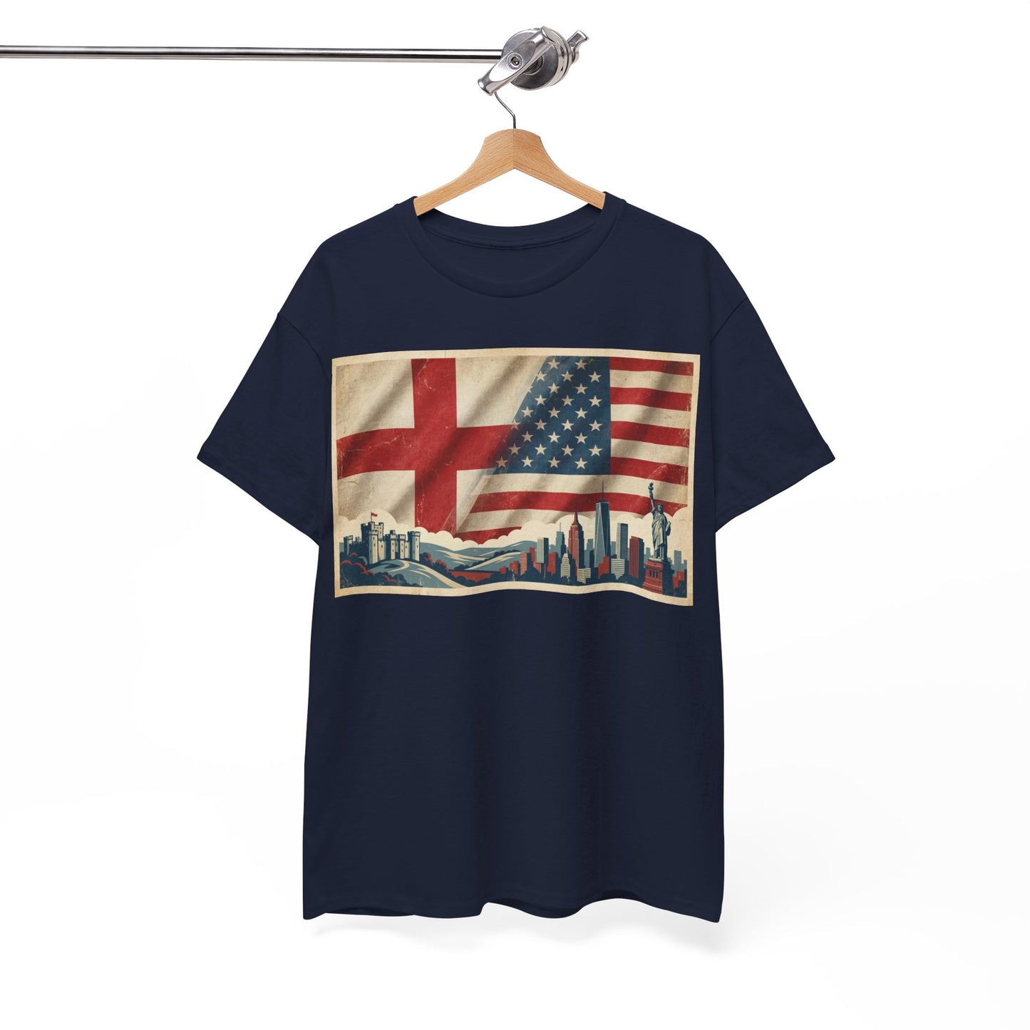England + USA Flag Skyline T-Shirt — Vintage London & New York City Pride Tee