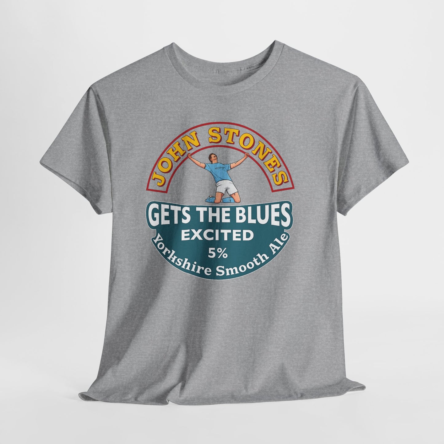 John Stones T-Shirt — "Gets The Blues Excited" Retro Ale Parody Tee