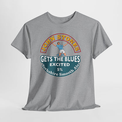 John Stones T-Shirt — "Gets The Blues Excited" Retro Ale Parody Tee