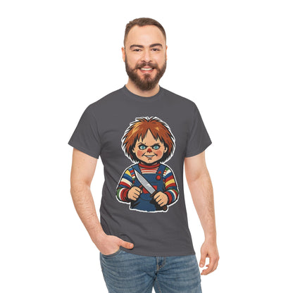 Horror Doll Knife Tee — Creepy Chucky-Inspired Graphic T-Shirt