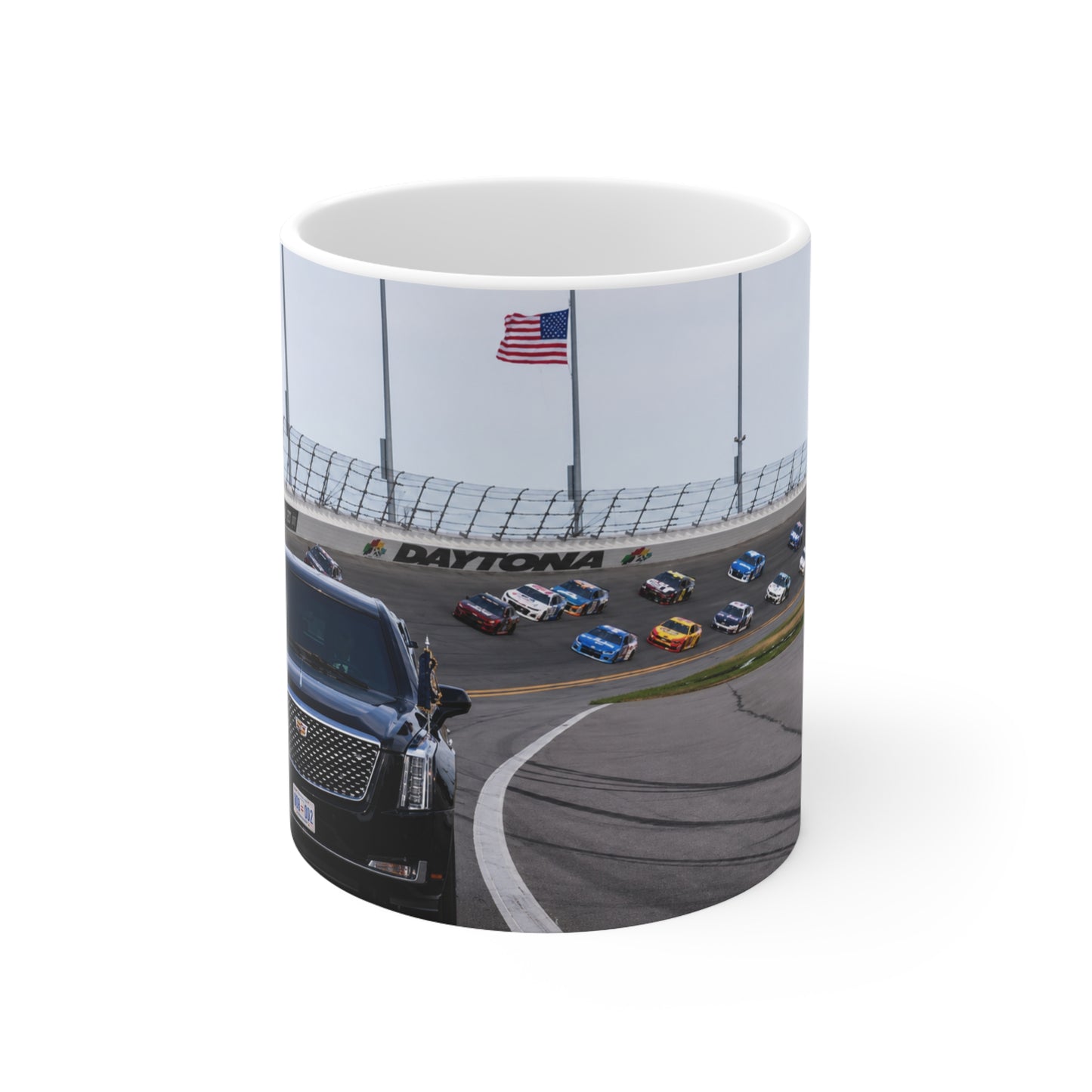 Daytona Raceway Photo Mug — Presidential Motorcade & NASCAR Racing Ceramic Coffee Cup (11oz, 15oz)