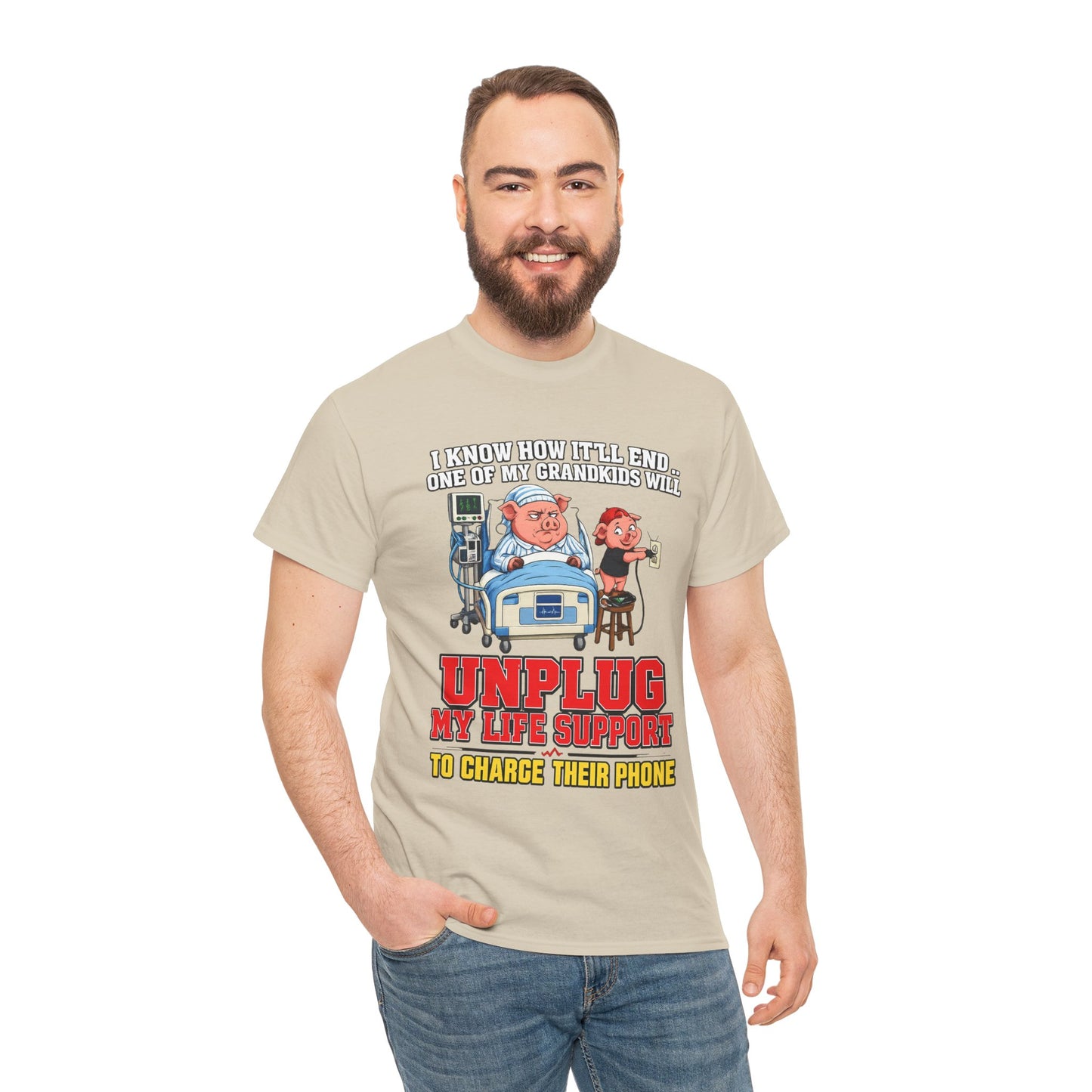 Funny Grandpa T-Shirt - "Unplug My Life Support to Charge Their Phone" Grandpa Humor Tee
