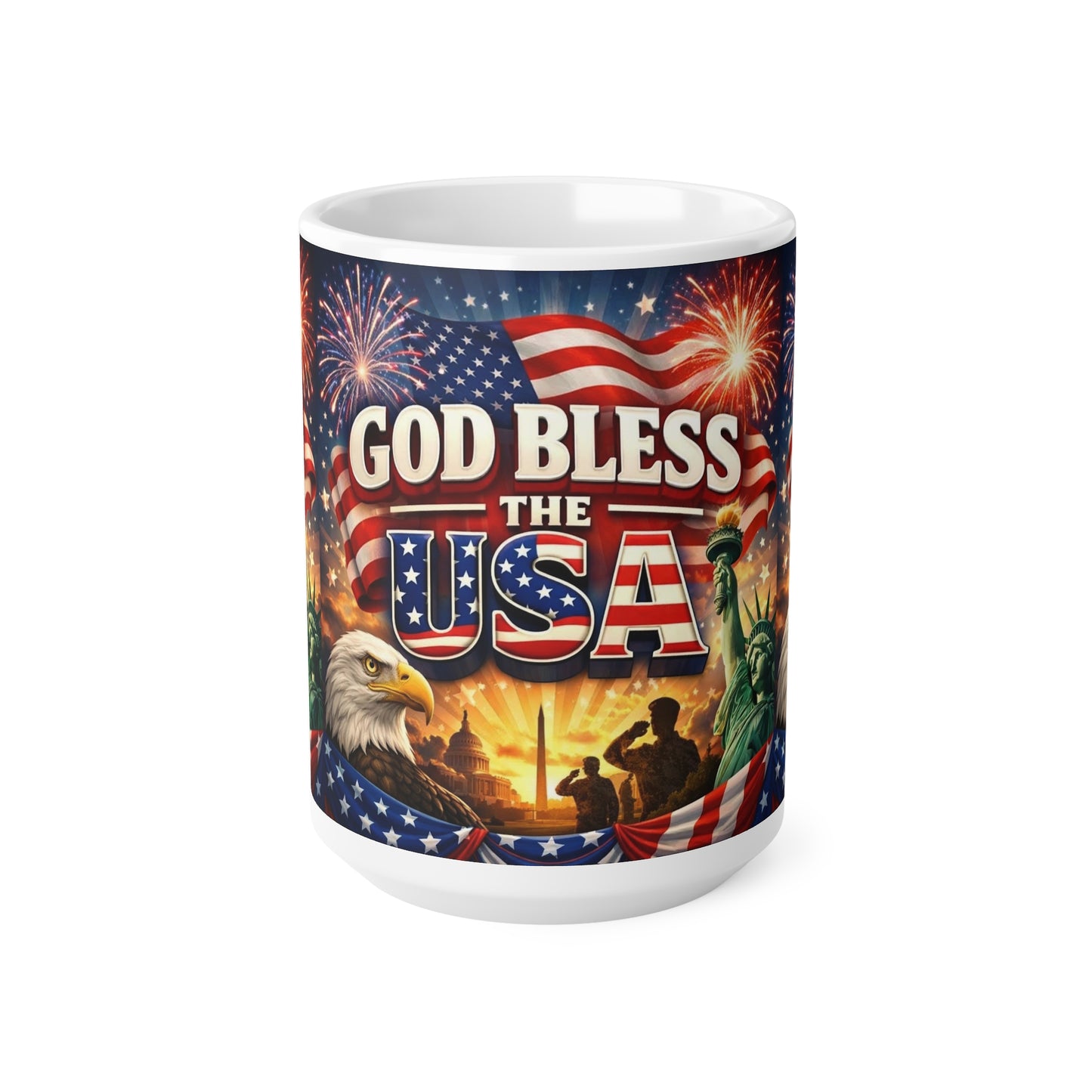 God Bless The USA Ceramic Coffee Mug — Patriotic 11oz/15oz Coffee Cup with Flag, Eagle & Fireworks