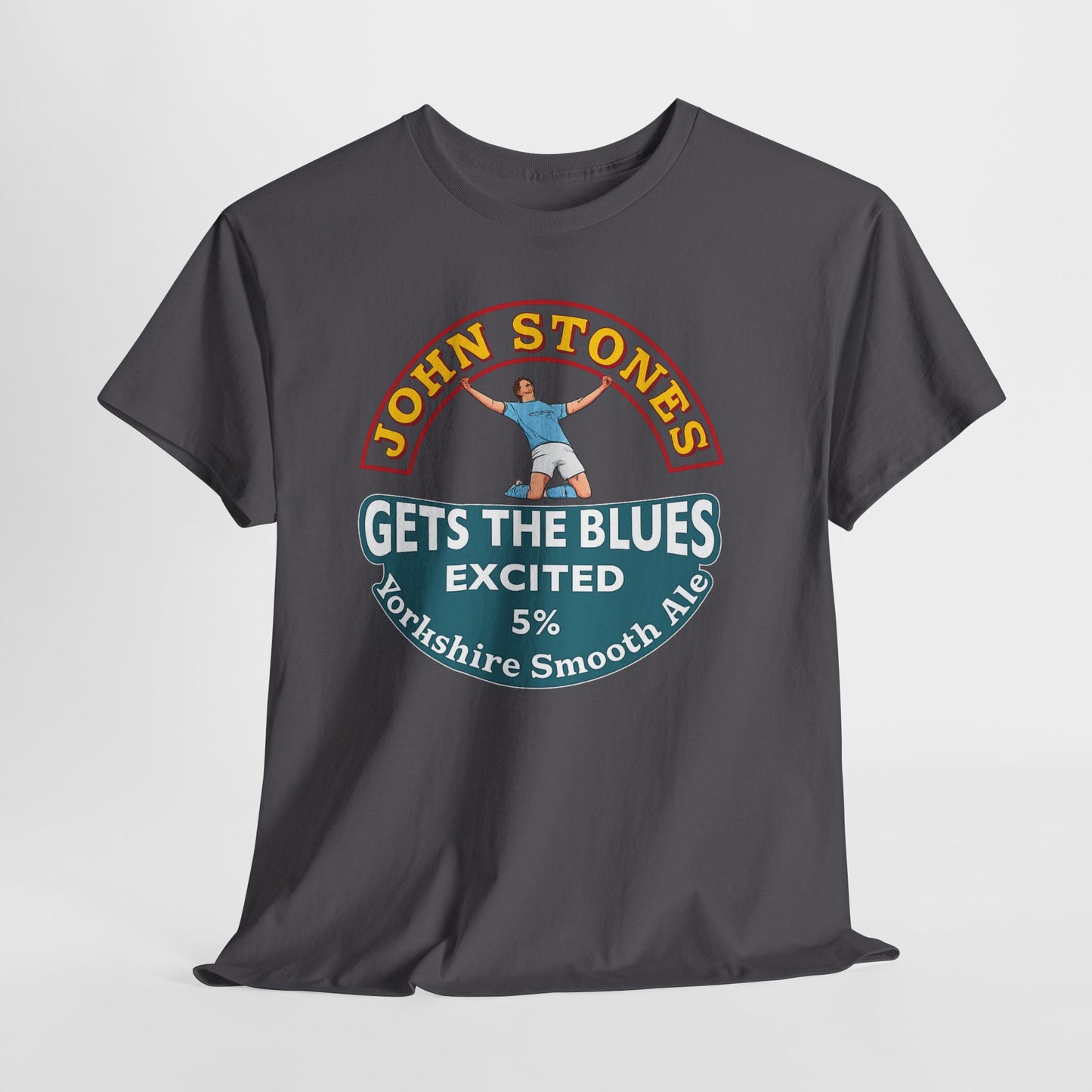John Stones T-Shirt — "Gets The Blues Excited" Retro Ale Parody Tee