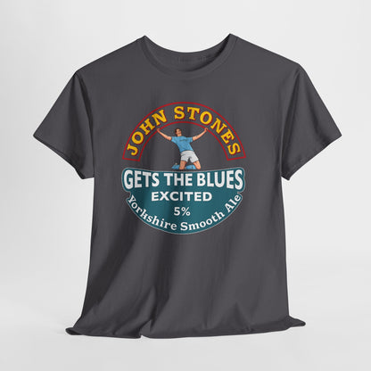 John Stones T-Shirt — "Gets The Blues Excited" Retro Ale Parody Tee