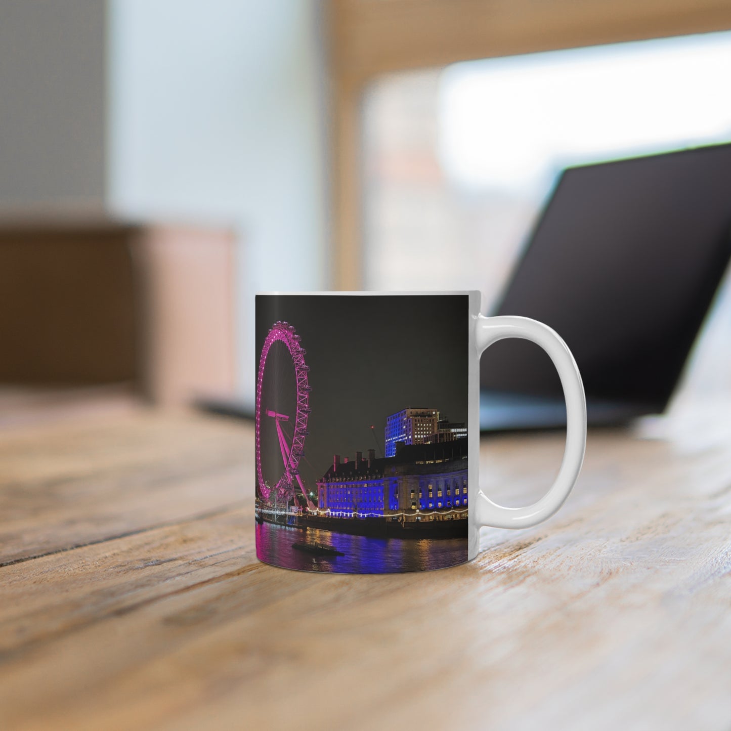 London Eye Nightscape Ceramic Mug — Pink London Eye & River Thames Coffee Cup (11oz & 15oz)