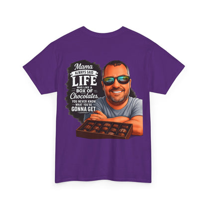 T-Shirt — "Mama Always Said Life Is Like A Box Of Chocolates" Graphic Tee (Funny Retro Portrait)