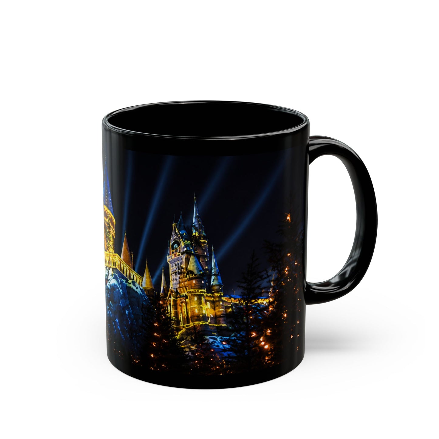 Hogwarts Night Castle Black Coffee Mug – Festive Illuminated Castle Panorama (11oz & 15oz)