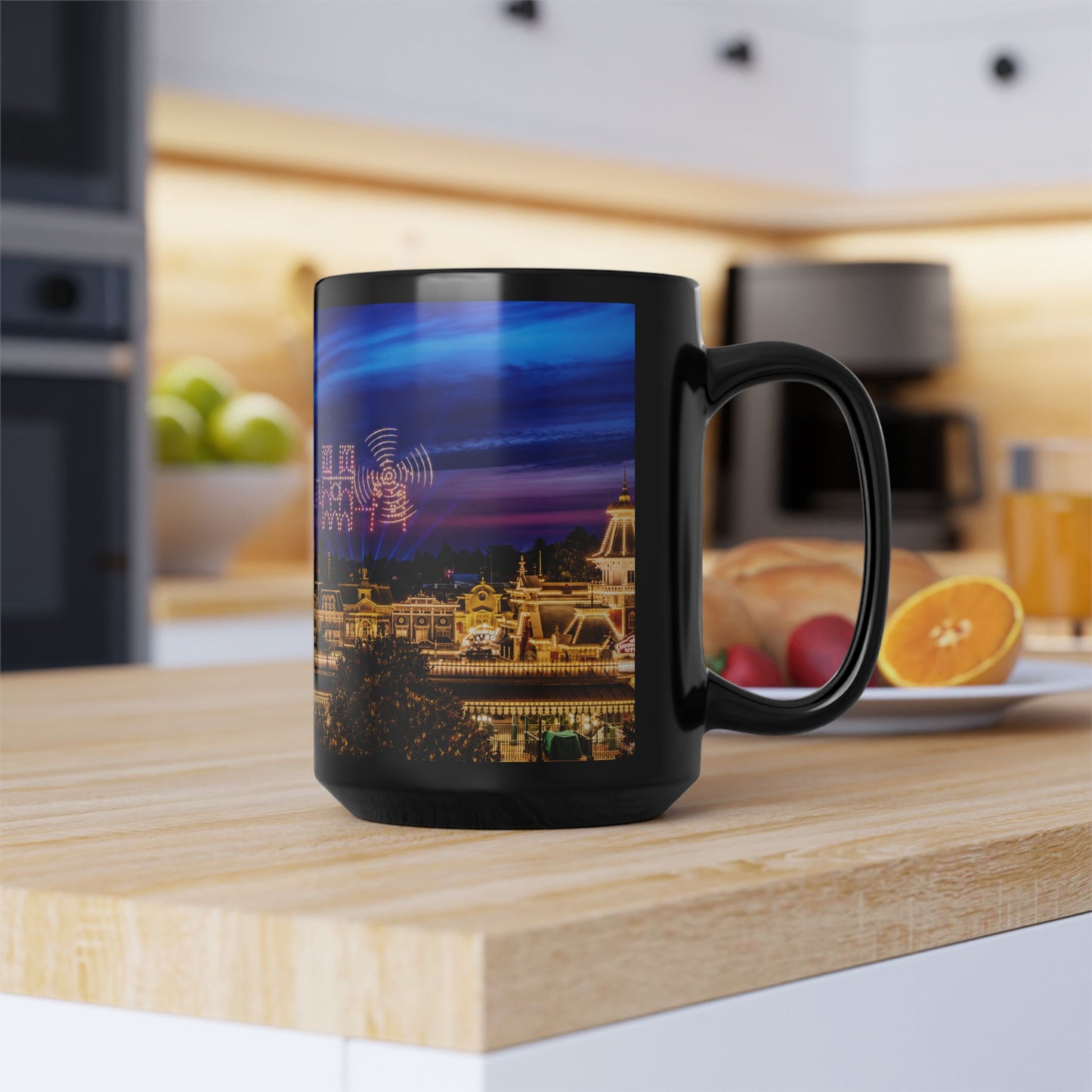 Disneyland Paris Park Nightscape Black Mug — Illuminated Main Street Skyline (11oz/15oz)