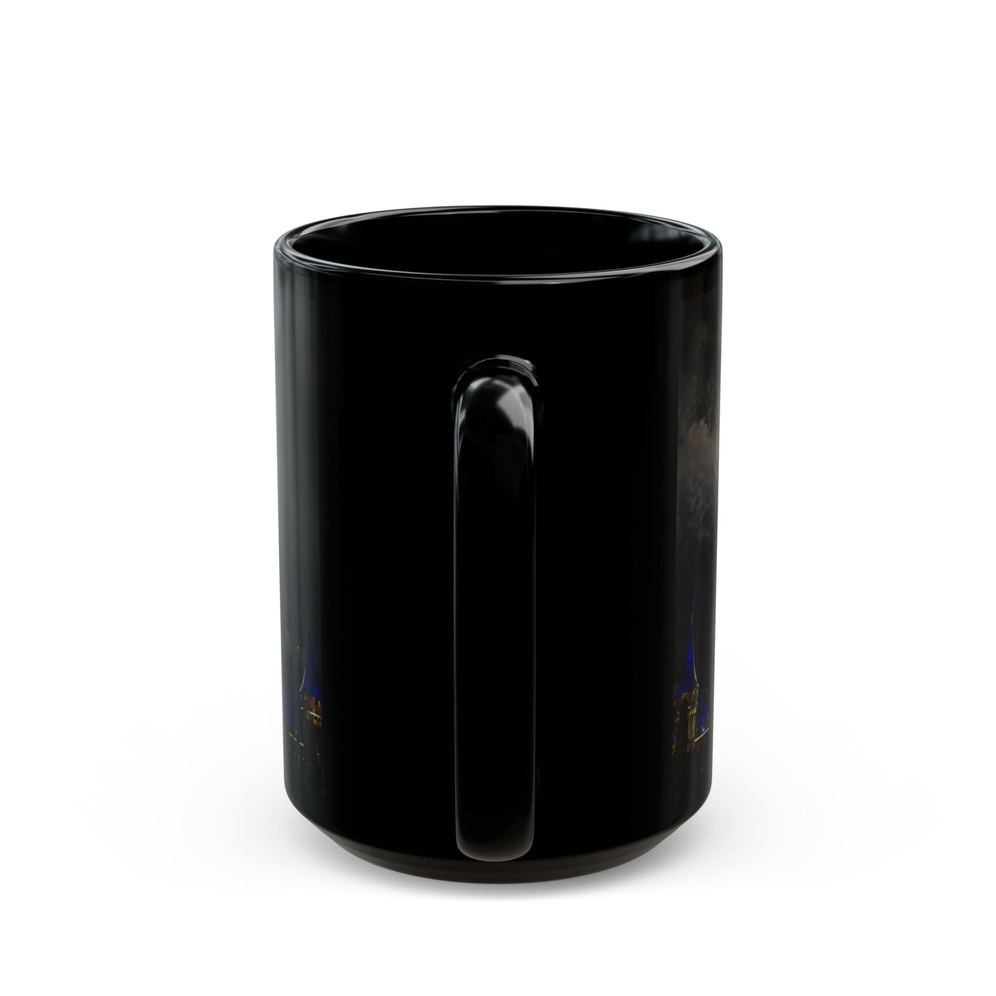 Fireworks MK Castle Black Mug — Nighttime Theme Park Coffee Cup (11oz/15oz)