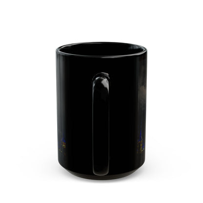 Fireworks MK Castle Black Mug — Nighttime Theme Park Coffee Cup (11oz/15oz)