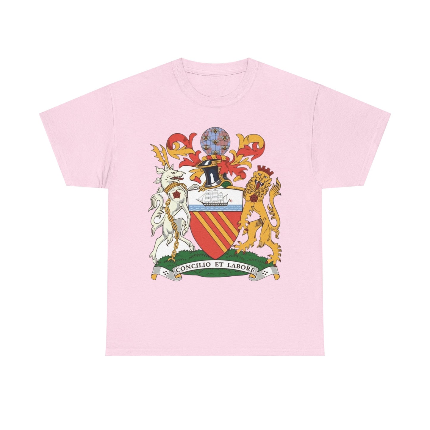 Manchester Coat of Arms Crest T‑Shirt — Heraldic Family Shield Tee with 'Concilio et Labore' Banner