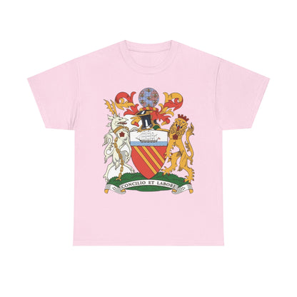 Manchester Coat of Arms Crest T‑Shirt — Heraldic Family Shield Tee with 'Concilio et Labore' Banner