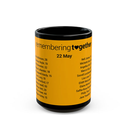 Manchester Arena Memorial Names Black Mug — "Remembering Together 22 May" Tribute Coffee Cup (11oz/15oz)