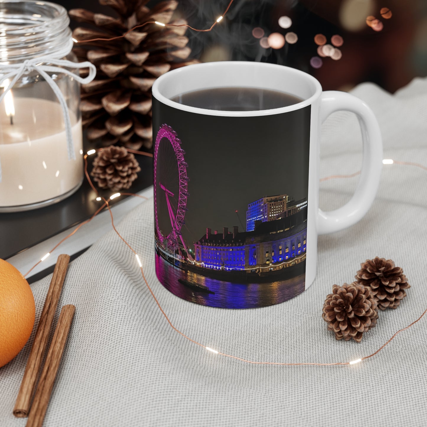 London Eye Nightscape Ceramic Mug — Pink London Eye & River Thames Coffee Cup (11oz & 15oz)