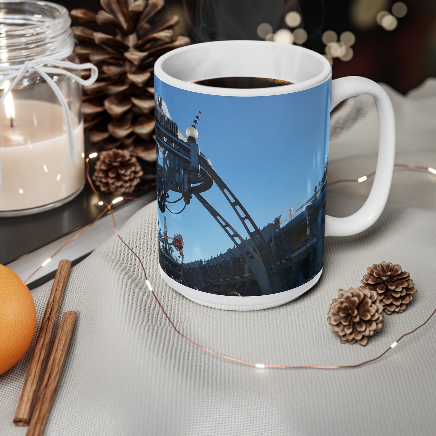 Tomorrowland Sign Photo Ceramic Mug — Vintage Carnival Sky Coffee Cup (11oz/15oz)