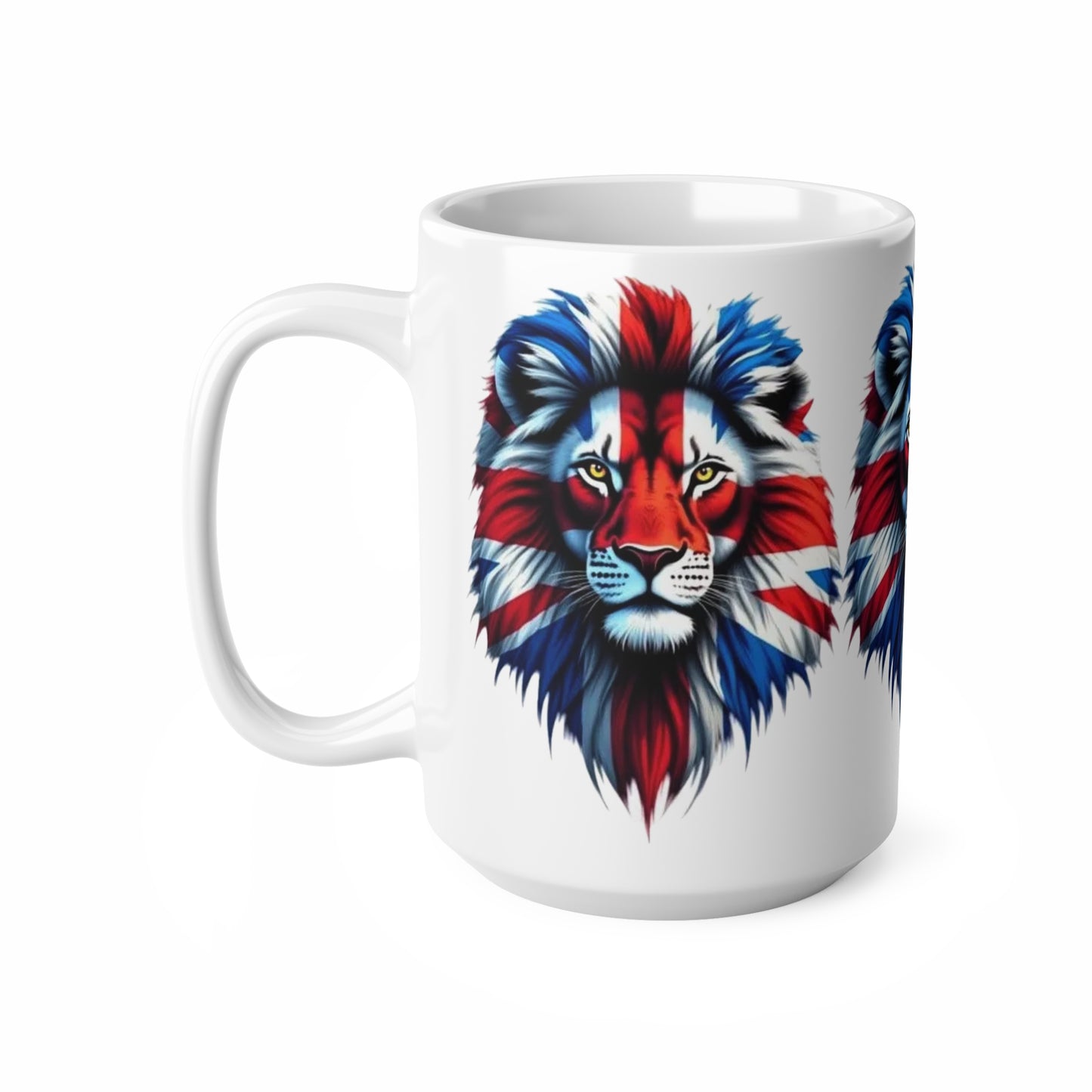 Union Jack 3 Lions Mug — British Flag Ceramic Coffee Cup (11oz & 15oz)