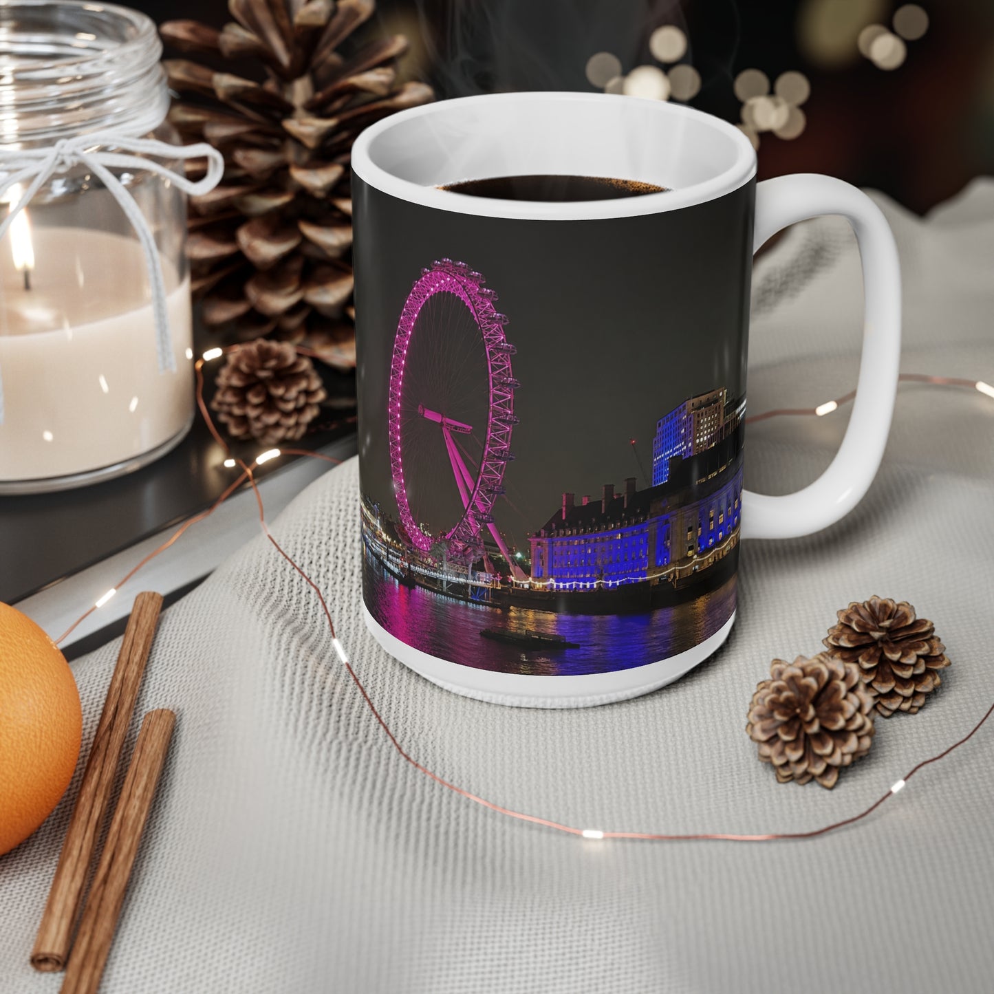 London Eye Nightscape Ceramic Mug — Pink London Eye & River Thames Coffee Cup (11oz & 15oz)