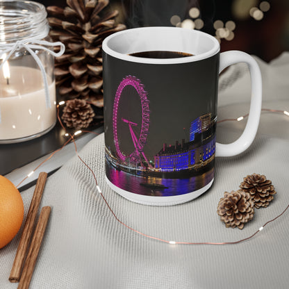 London Eye Nightscape Ceramic Mug — Pink London Eye & River Thames Coffee Cup (11oz & 15oz)