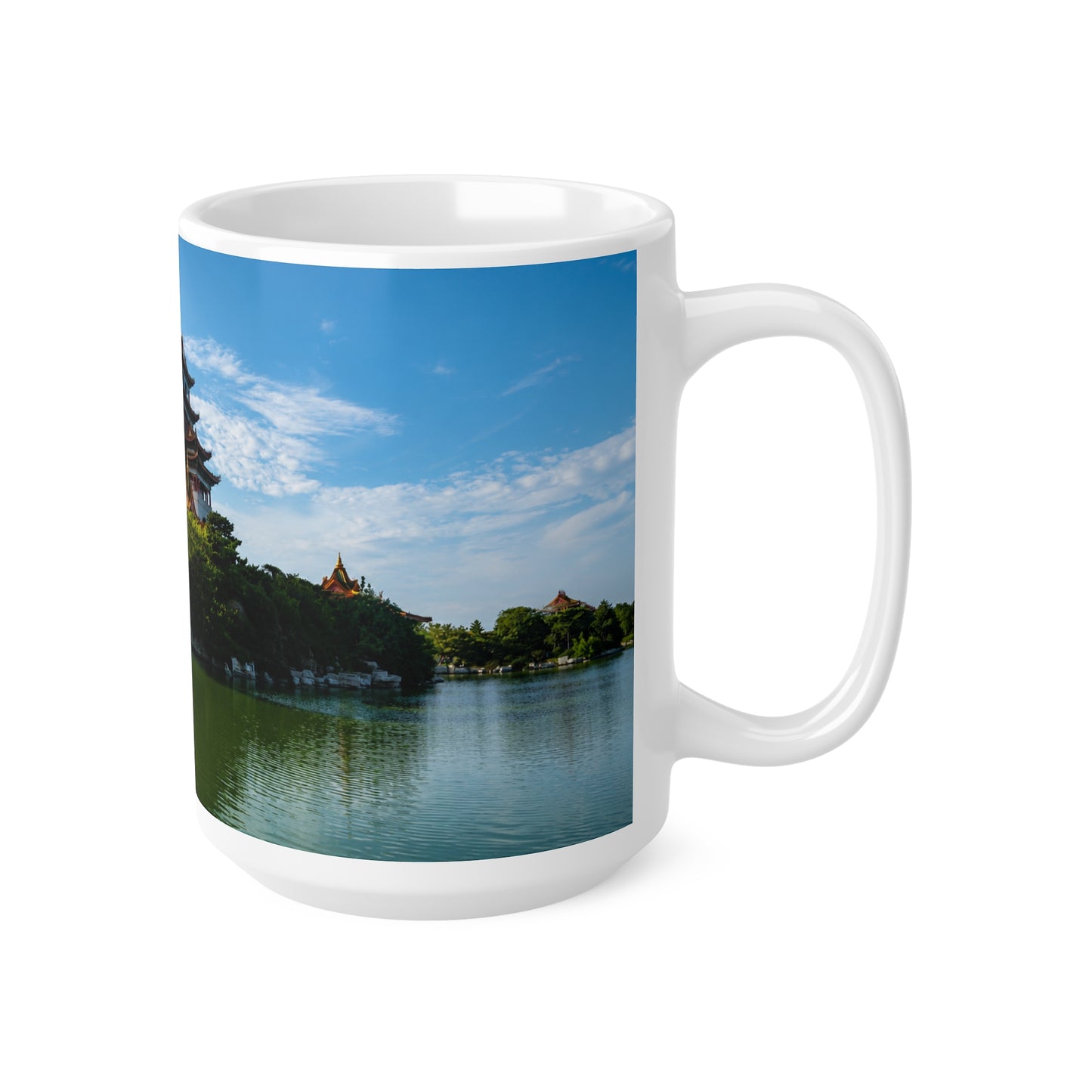 Pagoda Lakeside Ceramic Mug — Asian Temple Travel Photo Coffee Cup (11oz/15oz)