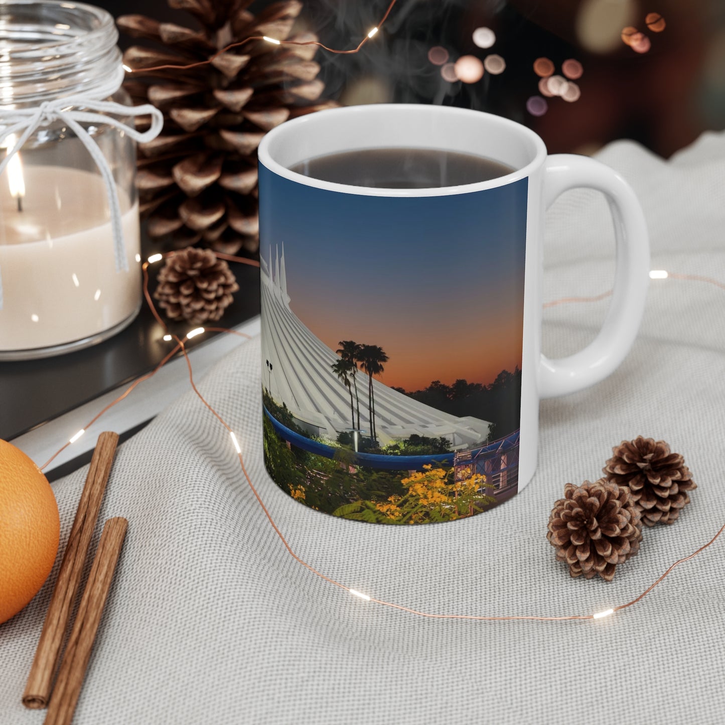 Space Mountain Sunset Ceramic Coffee Mug — Theme Park Photo Mug (11oz & 15oz)
