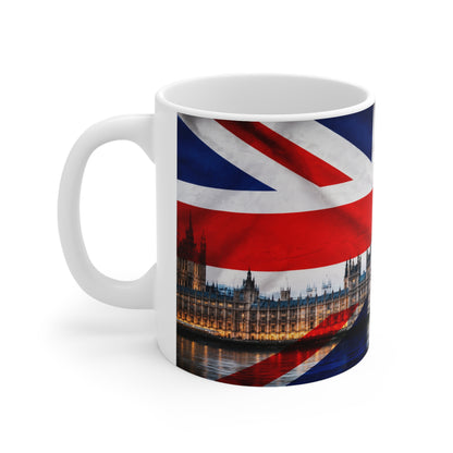 Union Jack London Mug — Ceramic Coffee Cup with Big Ben & Houses of Parliament (11oz, 15oz)