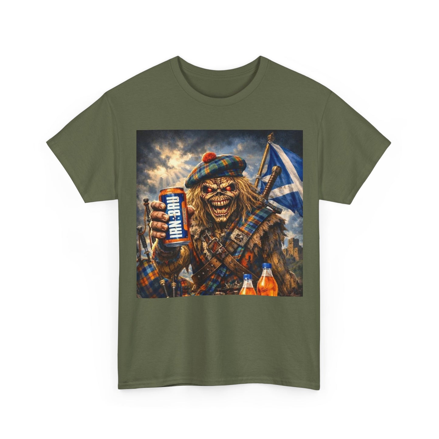 Scottish Rock Skull T‑Shirt — Eddie the Piper with Flag & Can Graphic Tee