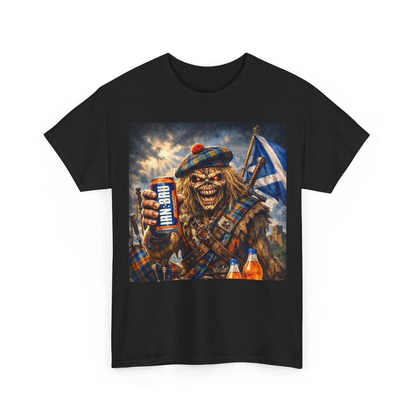 Scottish Rock Skull T‑Shirt — Eddie the Piper with Flag & Can Graphic Tee