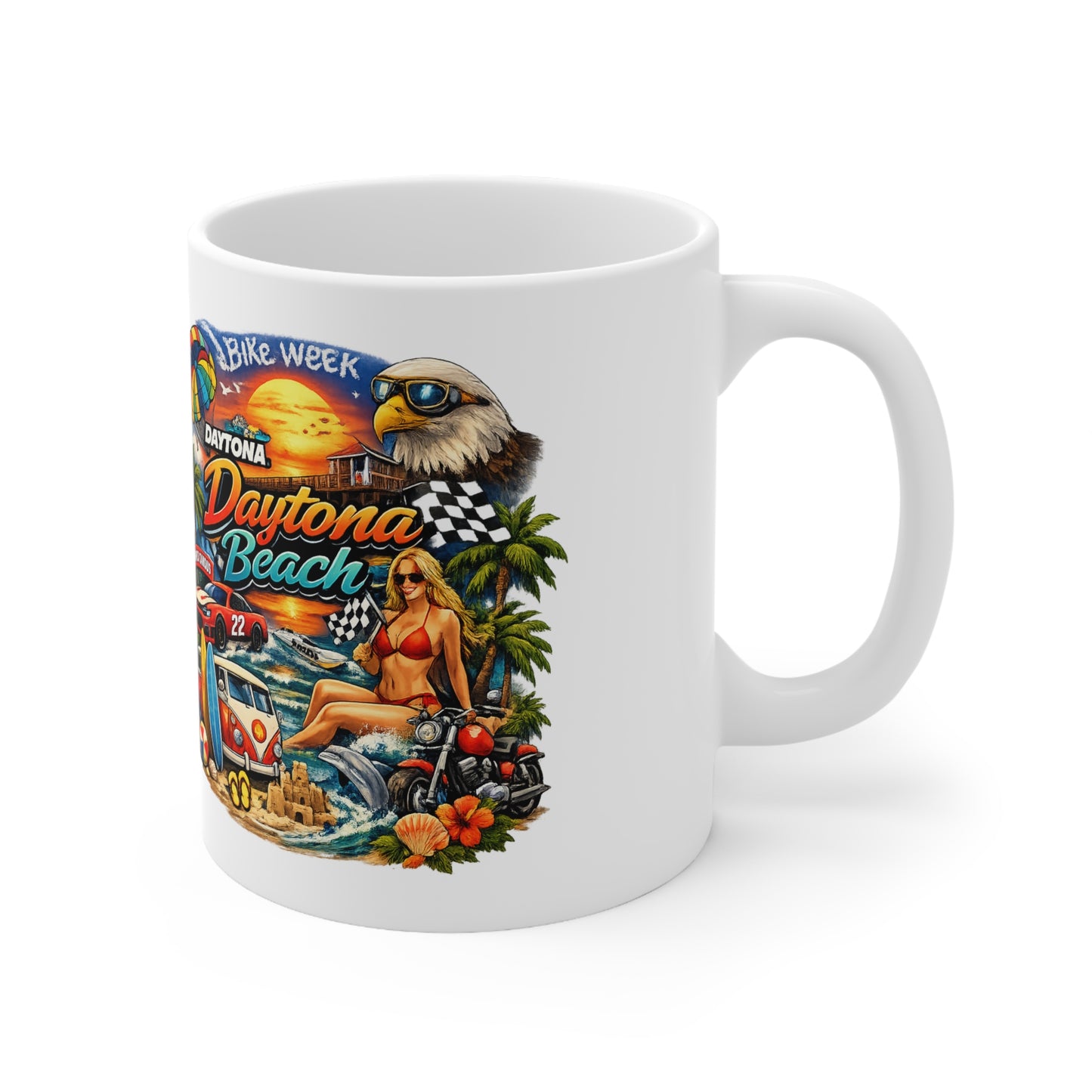 Daytona Beach Vintage Motorcycle & Surf Ceramic Coffee Mug — 11oz/15oz