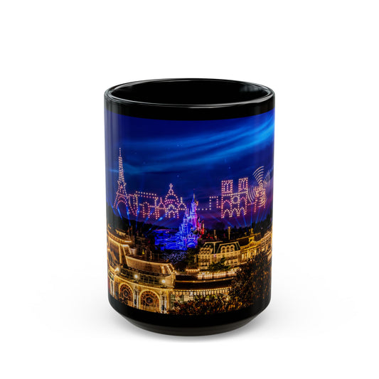 Disneyland Paris Park Nightscape Black Mug — Illuminated Main Street Skyline (11oz/15oz)