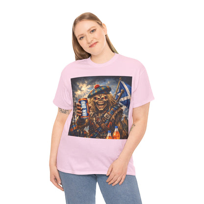 Scottish Rock Skull T‑Shirt — Eddie the Piper with Flag & Can Graphic Tee
