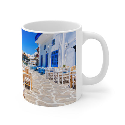 Mediterranean Seaside Photo Mug — Scenic Beach Cafe Ceramic Coffee Cup (11oz, 15oz)