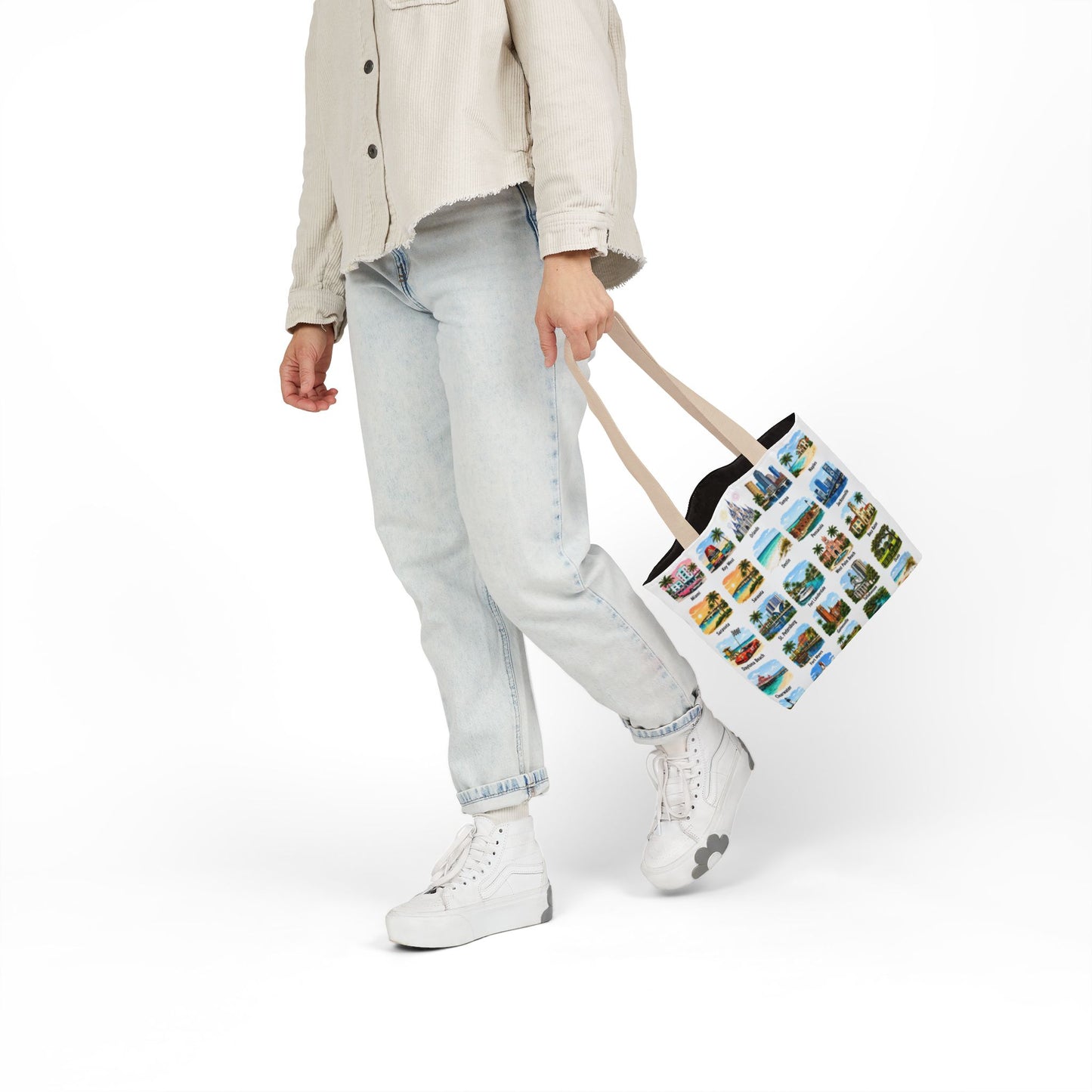 Florida City Landmark Collage Canvas Tote Bag — Vintage Travel Icons Print