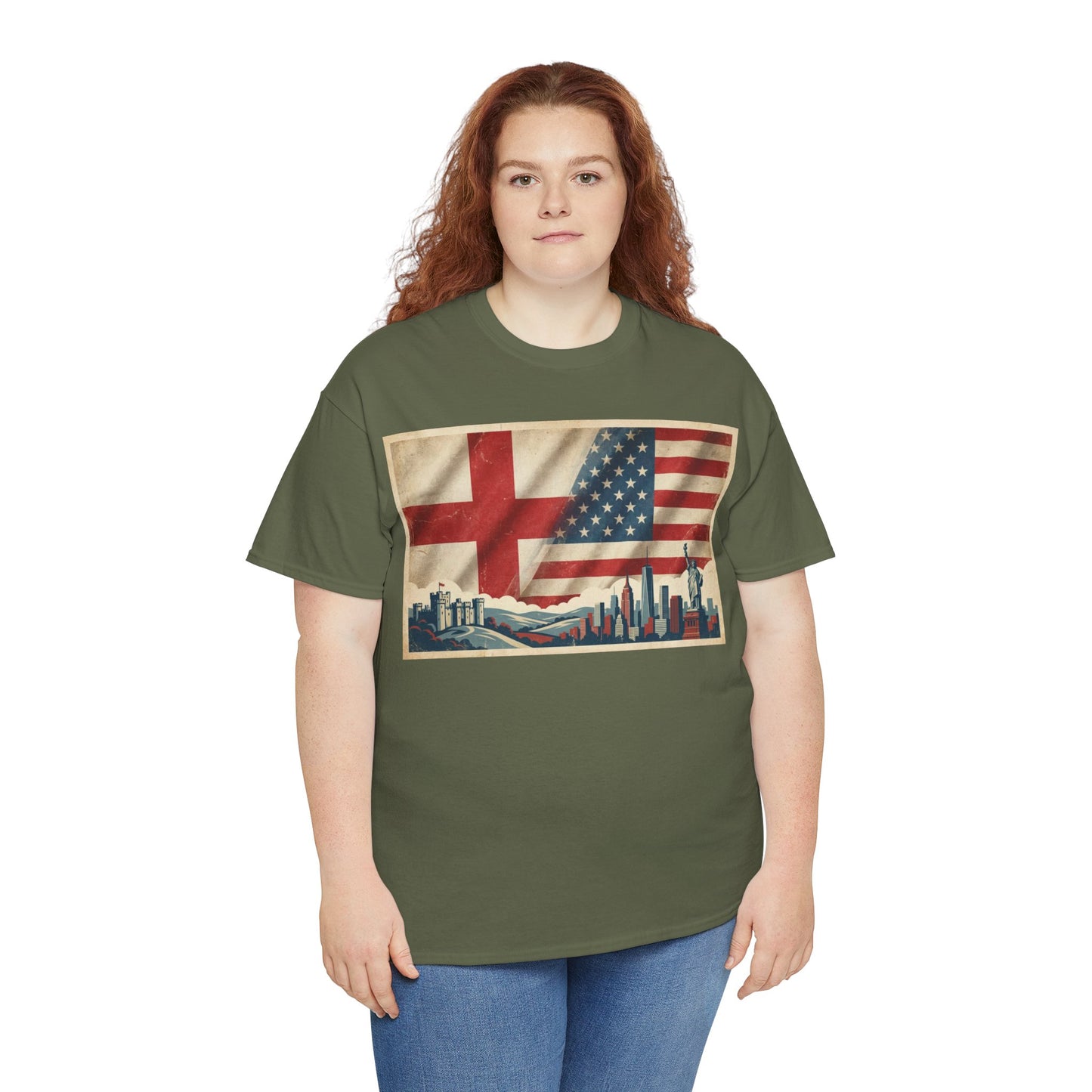England + USA Flag Skyline T-Shirt — Vintage London & New York City Pride Tee