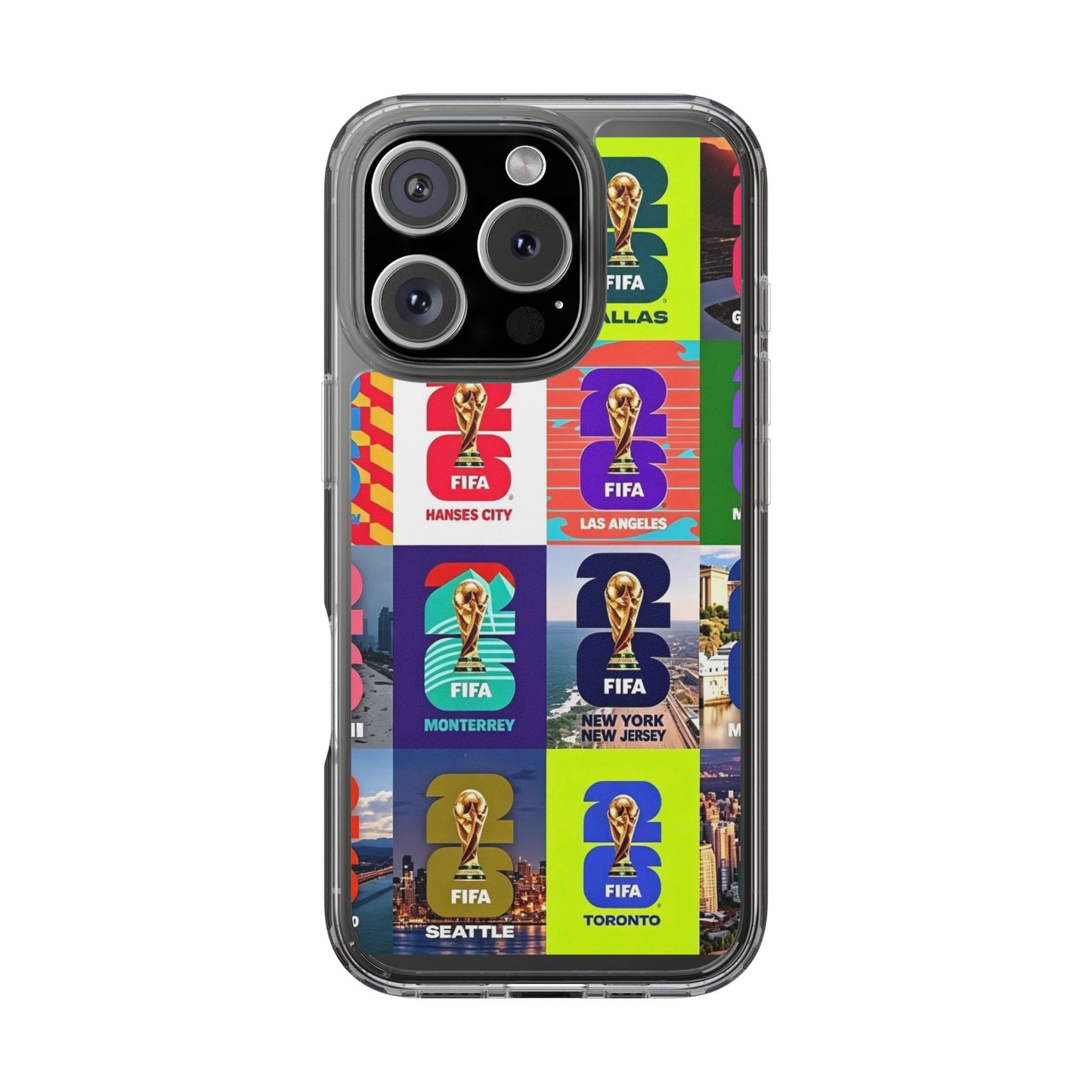 FIFA World Cup Pop Art Clear Phone Case — City Badge Collage (Dallas, LA, Monterrey, Toronto, Seattle)