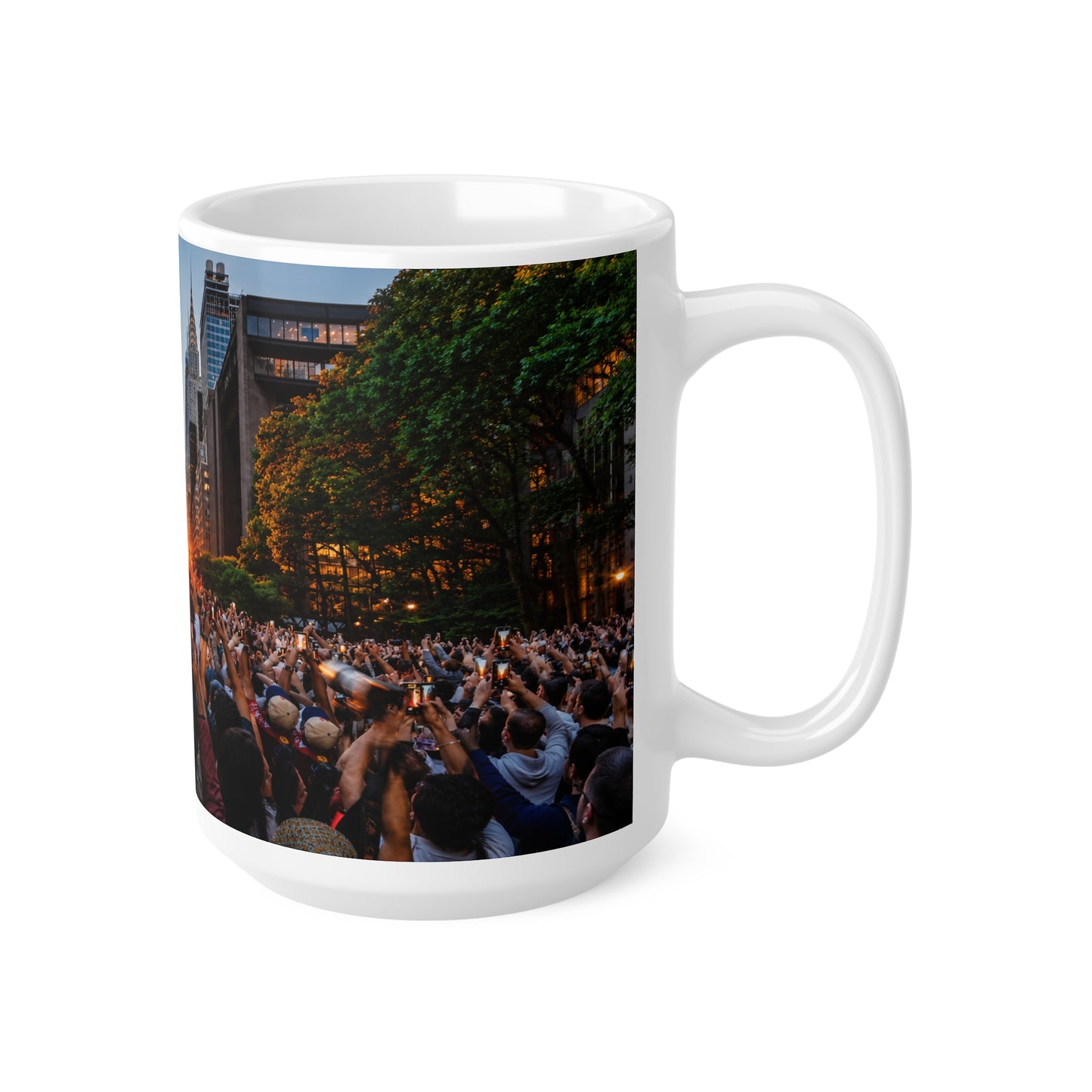 New York City Manhattanhenge Sunset Photo Mug — NYC Skyline Crowd Ceramic Coffee Cup (11oz/15oz)